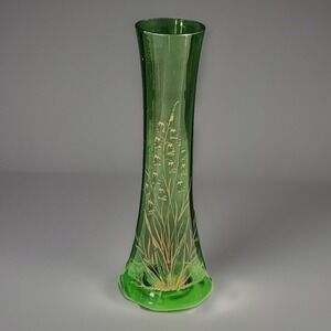 Vintage Green Glass Bud Vase with Etched Floral Design